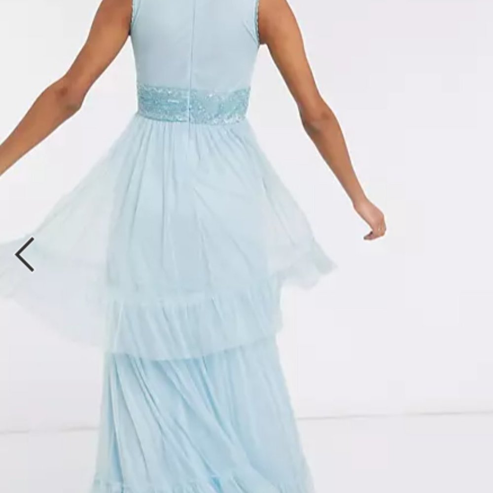 Vintage Inspired Empire Waist Beaded Evening Gown Powder Blue Tulle